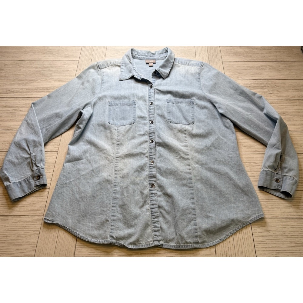 J. Jill Womens Button Up Shirt Top Blue Denim Chambray L 100% Cotton Long Sleeve